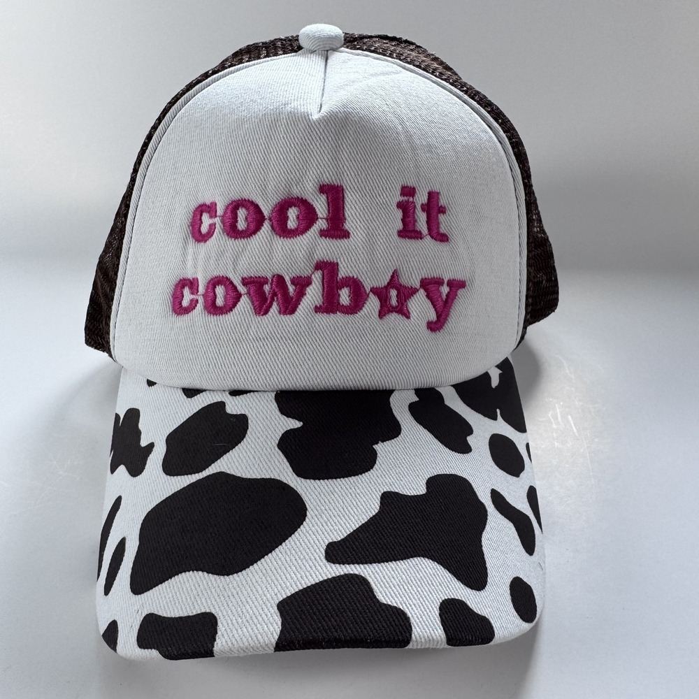 Cool It Cowboy Cow Print Brim Foam Trucker Hat Pink Embroidered Western Snapback